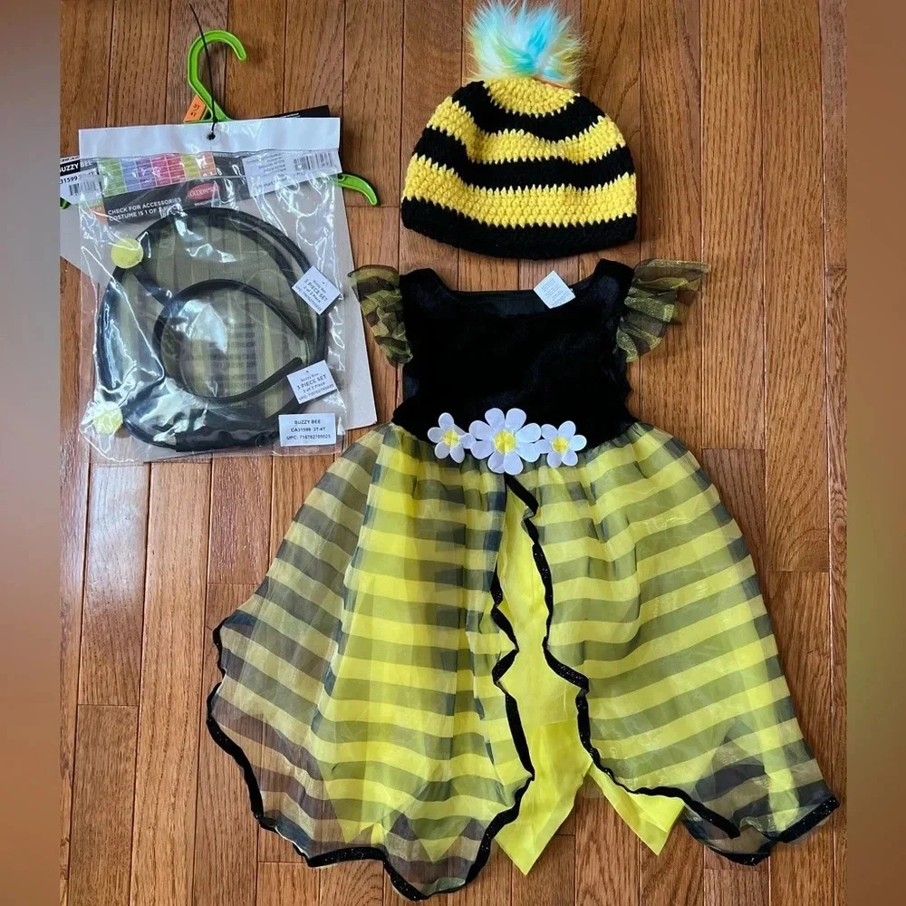Halloween BEE Dress Costume Toddler Yellow Black Floral Striped Hat Beanie T3/T4